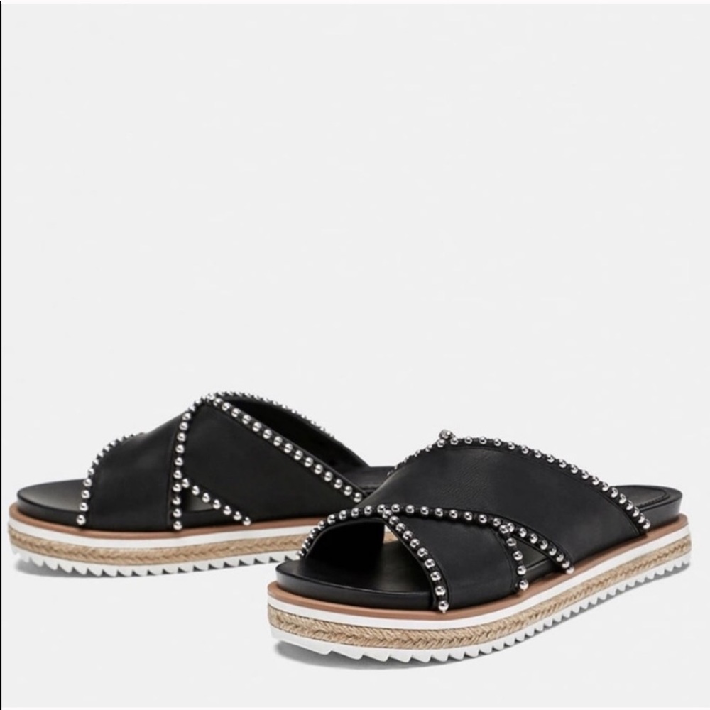 NWT Zara Black Beaded Criss Cross Flatform Slides